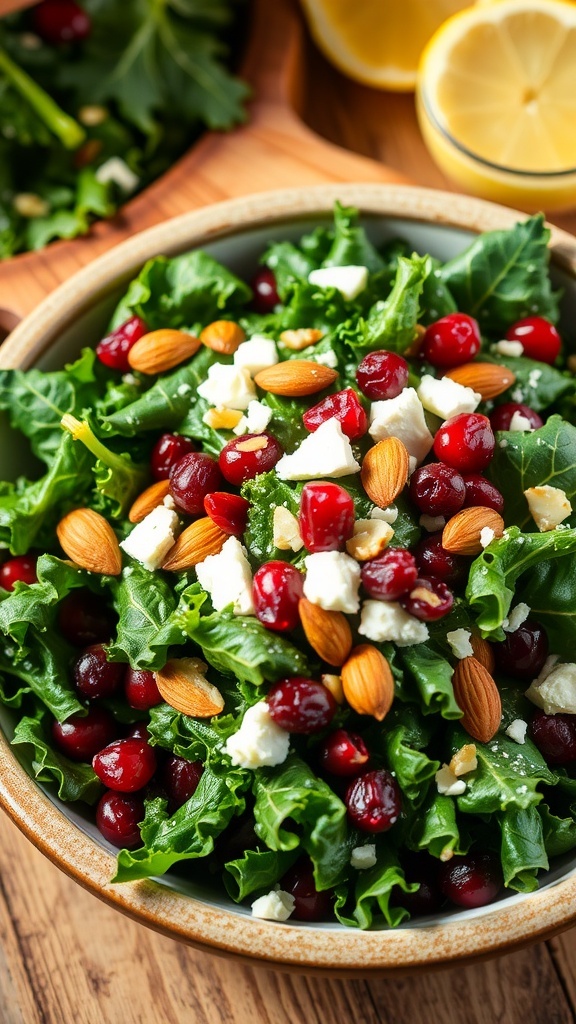 A colorful kale salad with cranberries, almonds, and feta cheese in a rustic bowl, garnished with lemon.